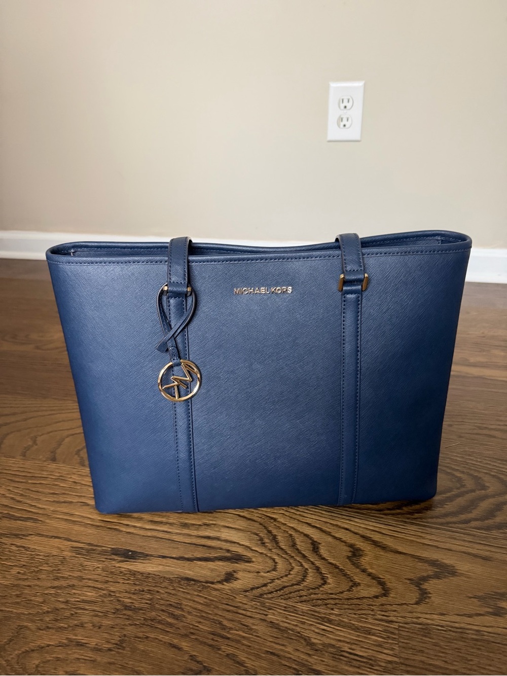 Michael Kors Blue Saffiano Leather Tote with Gold Hardware